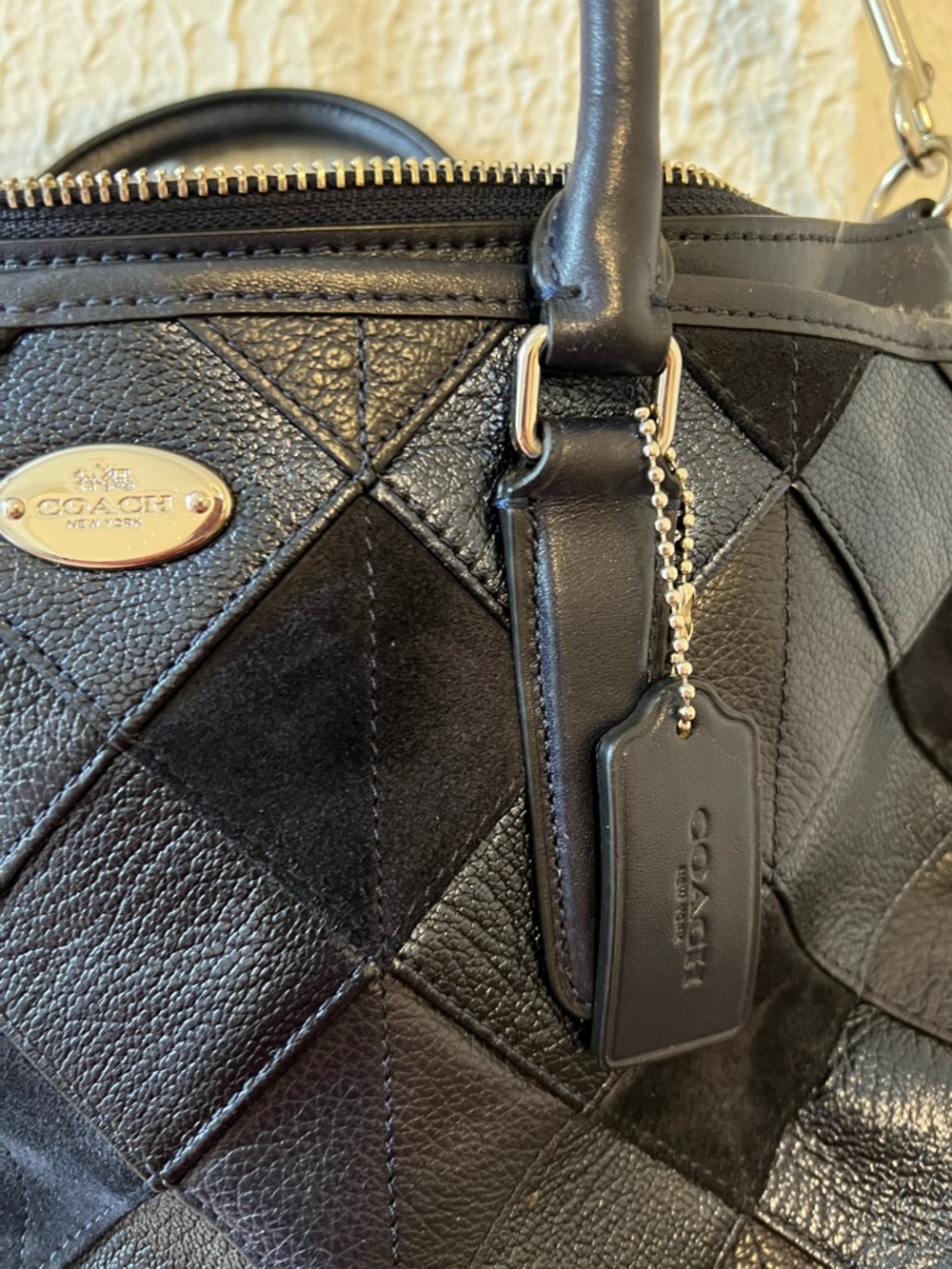Stunning RARE Coach Morgan Diamond Patchwork Leather & Suede Satchel Bag Navy - Picture 9 of 16